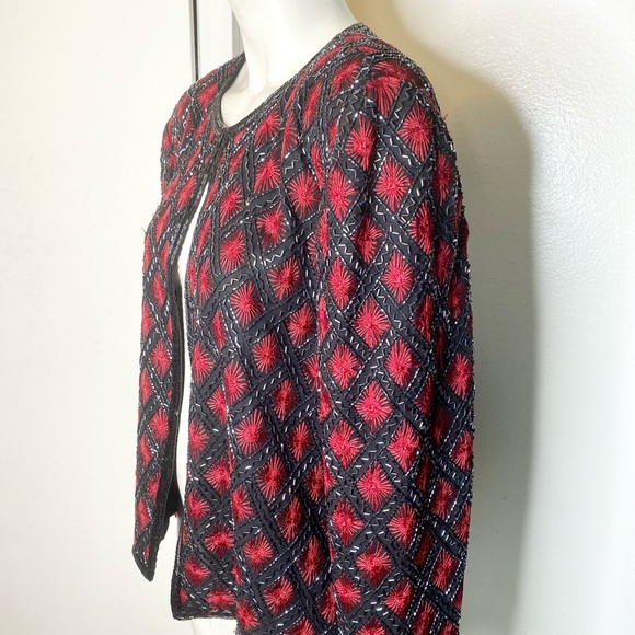 Niteline Della Roufogali Black Red Beaded Evening Jacket L - Picture 3 of 5